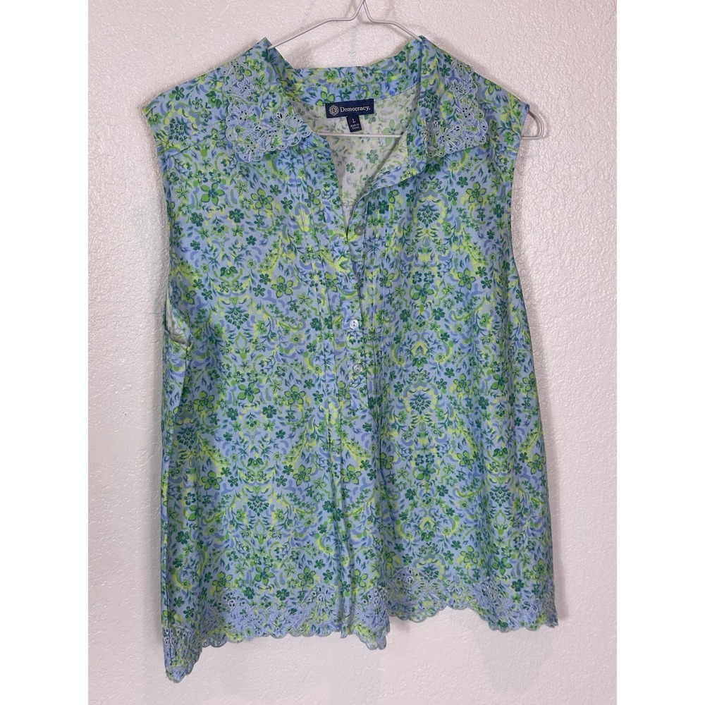 Democracy Women's Floral Green Blue Embroidered Smocked Blouse Sleeveless Large